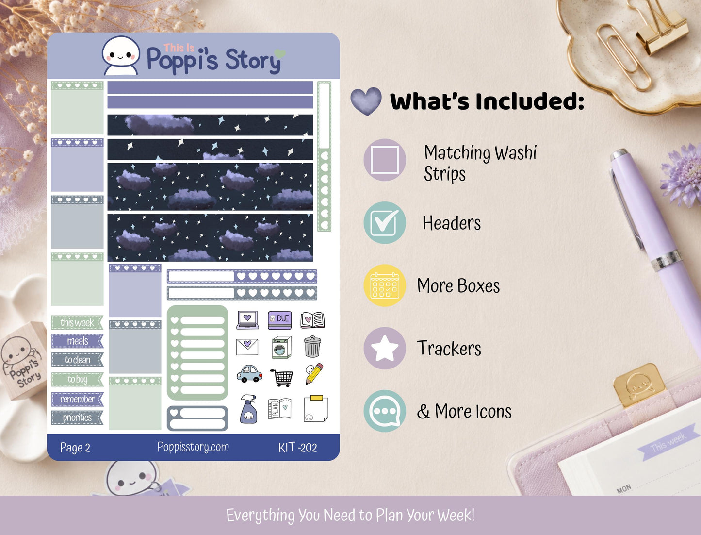 Hobonichi Weeks Sticker Kit, Starry Night Planner, Kawaii Weekly Functional Stickers