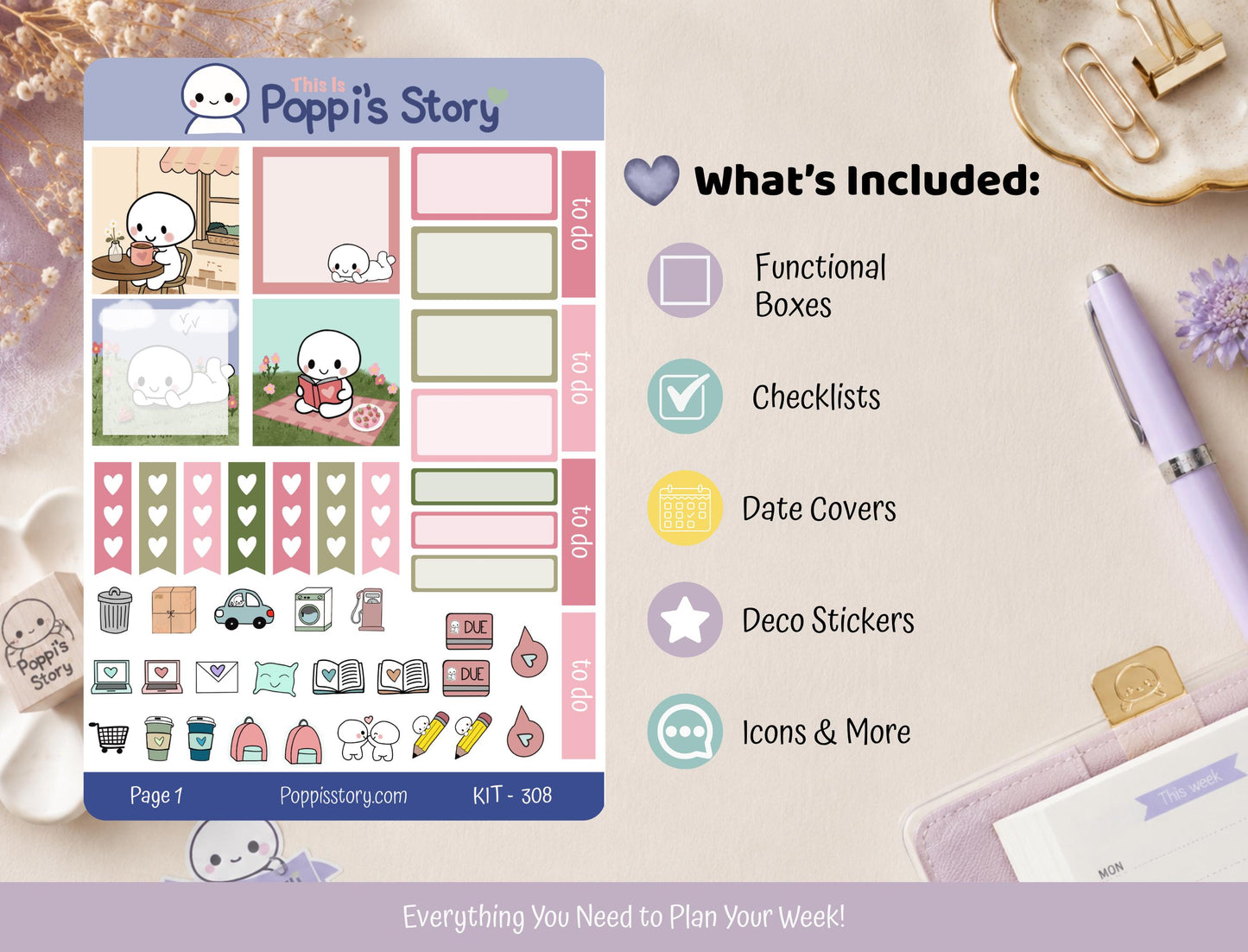 Strawberry Picnic Hobonichi Cousin Weekly Kit | Cozy Reading Planner Stickers