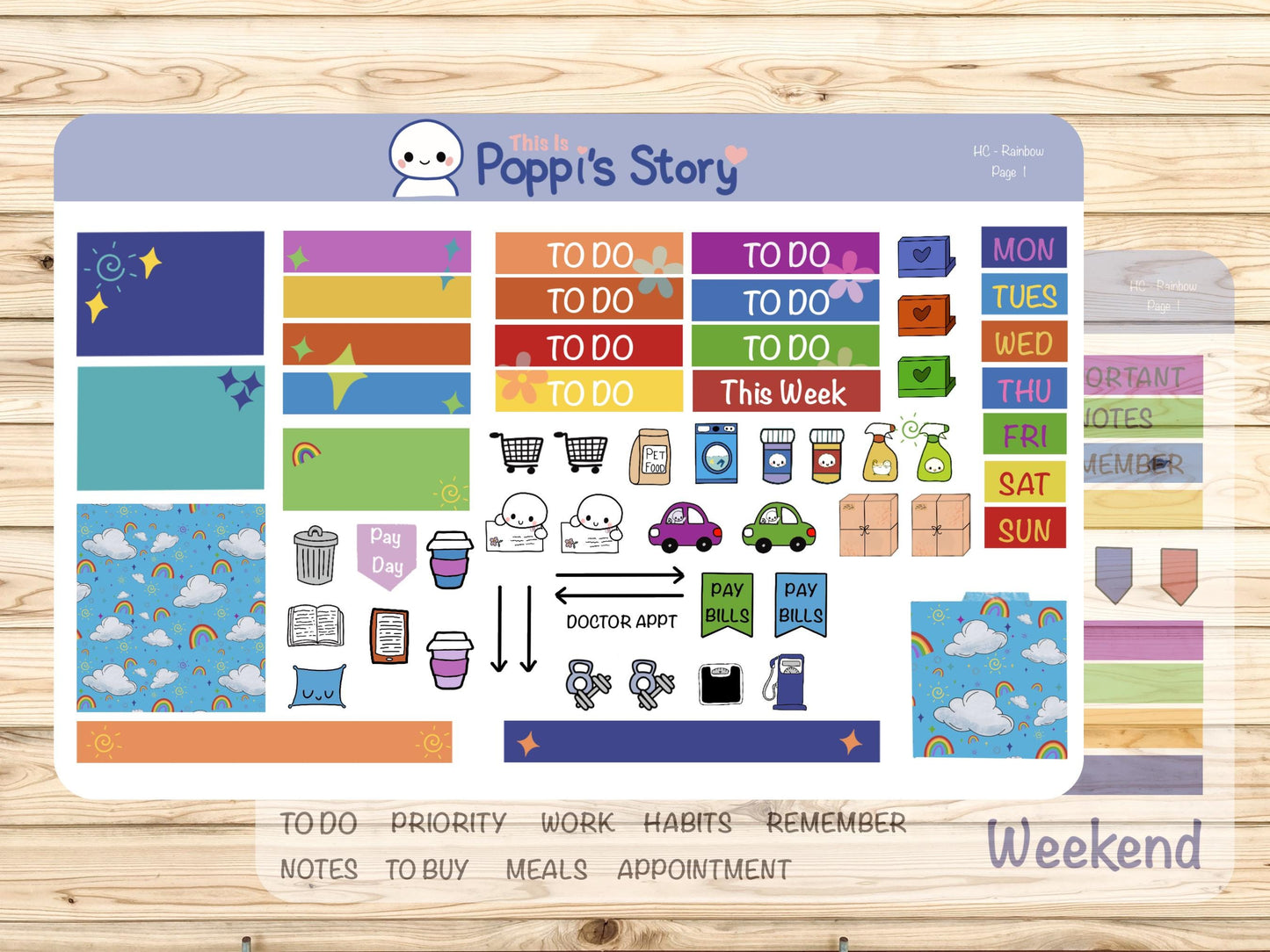 Poppi’s Story Rainbow Hobonichi Cousin Weekly Sticker Kit, Bright Planner Stickers, Washi, Icons