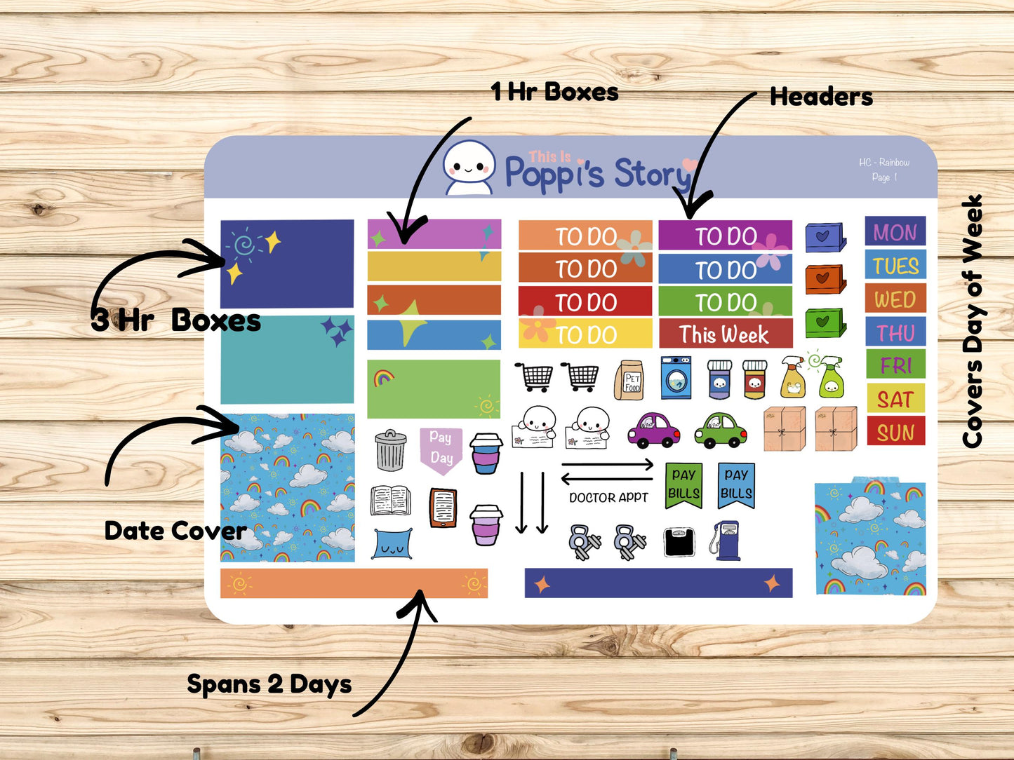 Poppi’s Story Rainbow Hobonichi Cousin Weekly Sticker Kit, Bright Planner Stickers, Washi, Icons