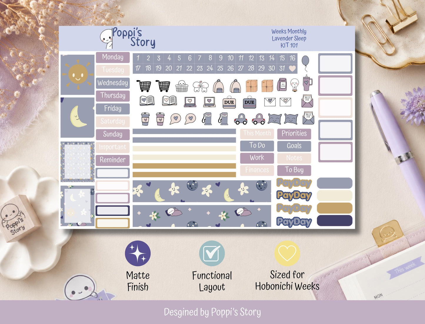 Lavender Sleep | Hobonichi Weeks Monthly Sticker Kit