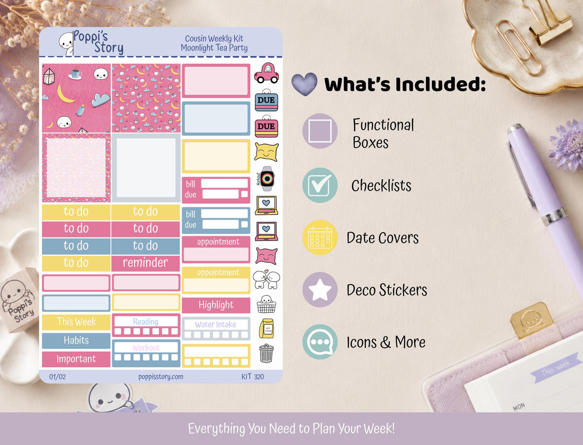 Moonlight Tea Party Hobonichi Cousin Weekly Sticker Kit | Kawaii Celestial Planner Stickers | Moon Star Matte Kit