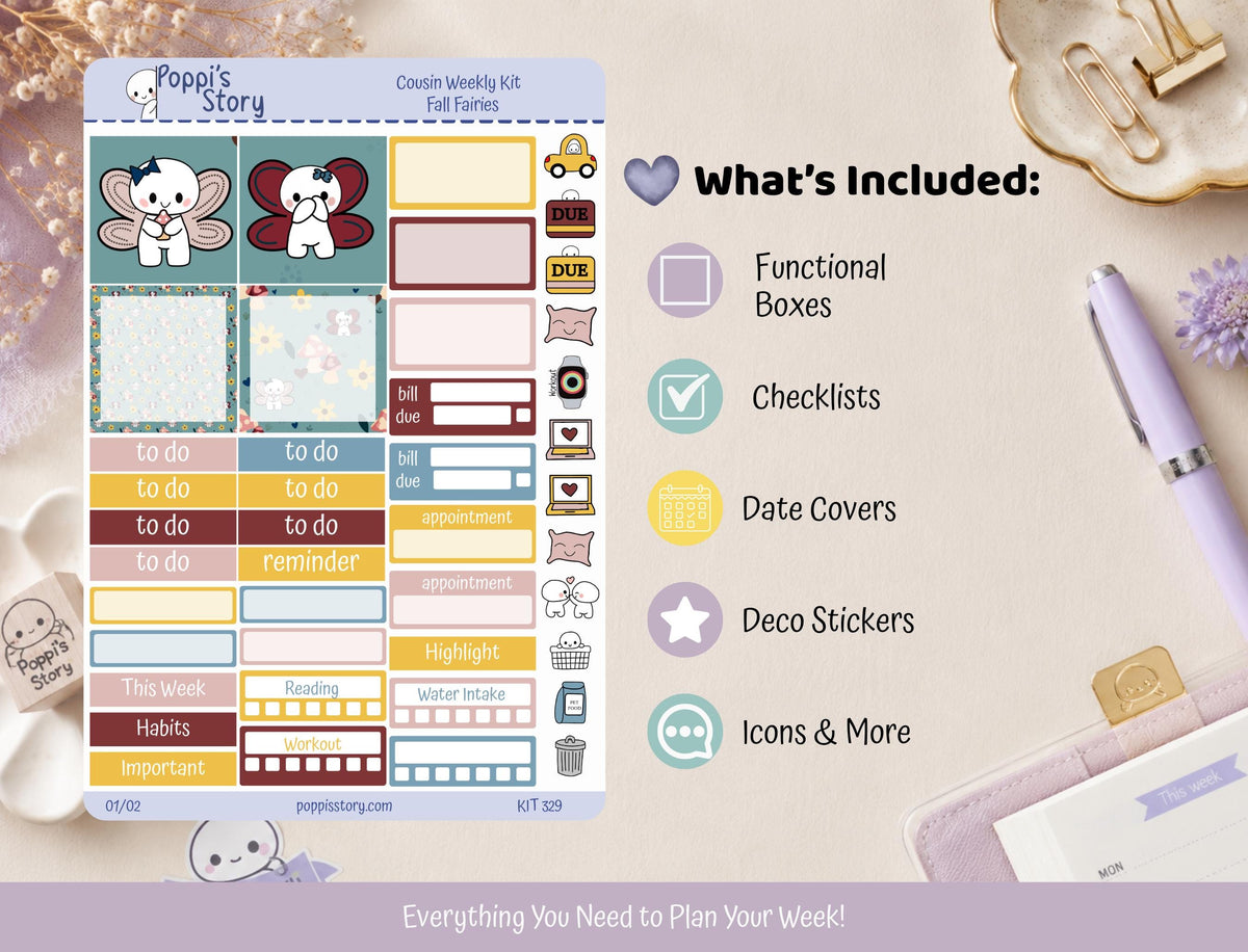 Fall Fairies Hobonichi Cousin Weekly Sticker Kit | Kawaii Autumn Planner Stickers (Matte)