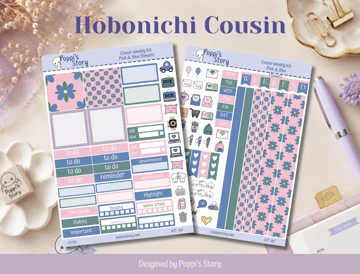 Pink Blue Flowers Hobonichi Cousin Weekly Sticker Kit | Kawaii Floral Planner Stickers (Matte)