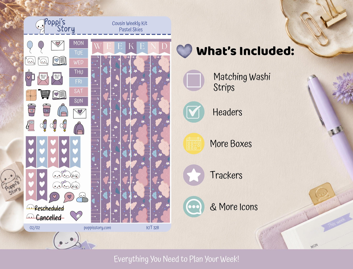 Pastel Skies Hobonichi Cousin Weekly Sticker Kit | Kawaii Cloud Planner Stickers (Matte)