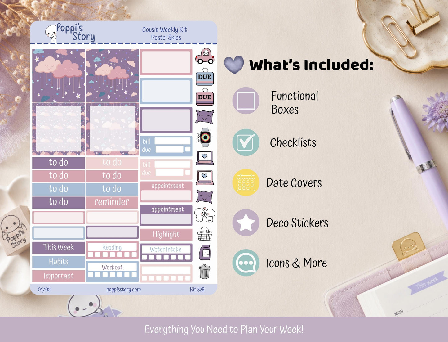 Pastel Skies Hobonichi Cousin Weekly Sticker Kit | Kawaii Cloud Planner Stickers (Matte)