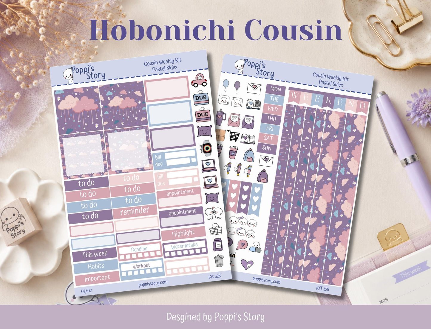 Pastel Skies Hobonichi Cousin Weekly Sticker Kit | Kawaii Cloud Planner Stickers (Matte)