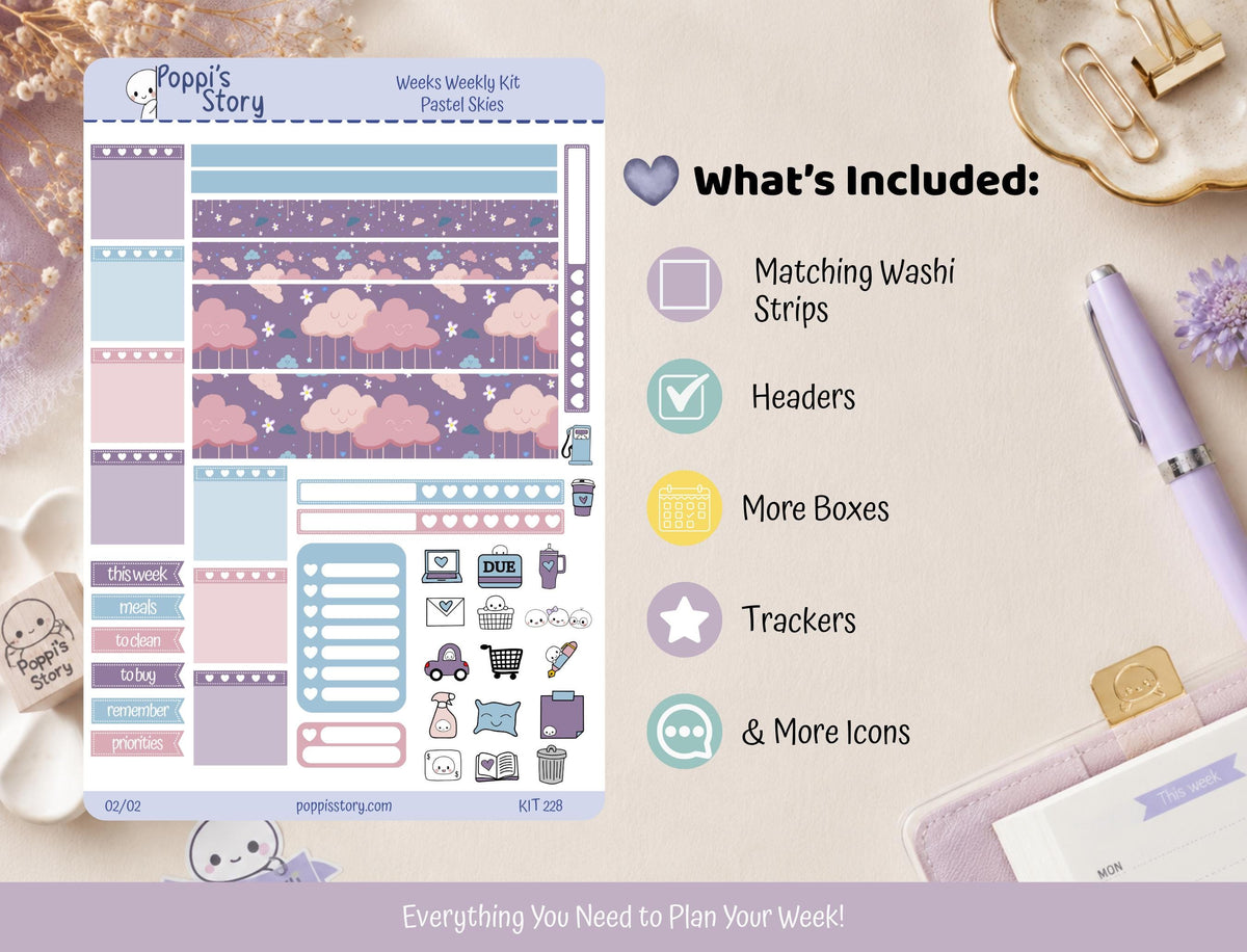 Pastel Skies Hobonichi Weeks Sticker Kit | Kawaii Cloud Planner Stickers (Matte)