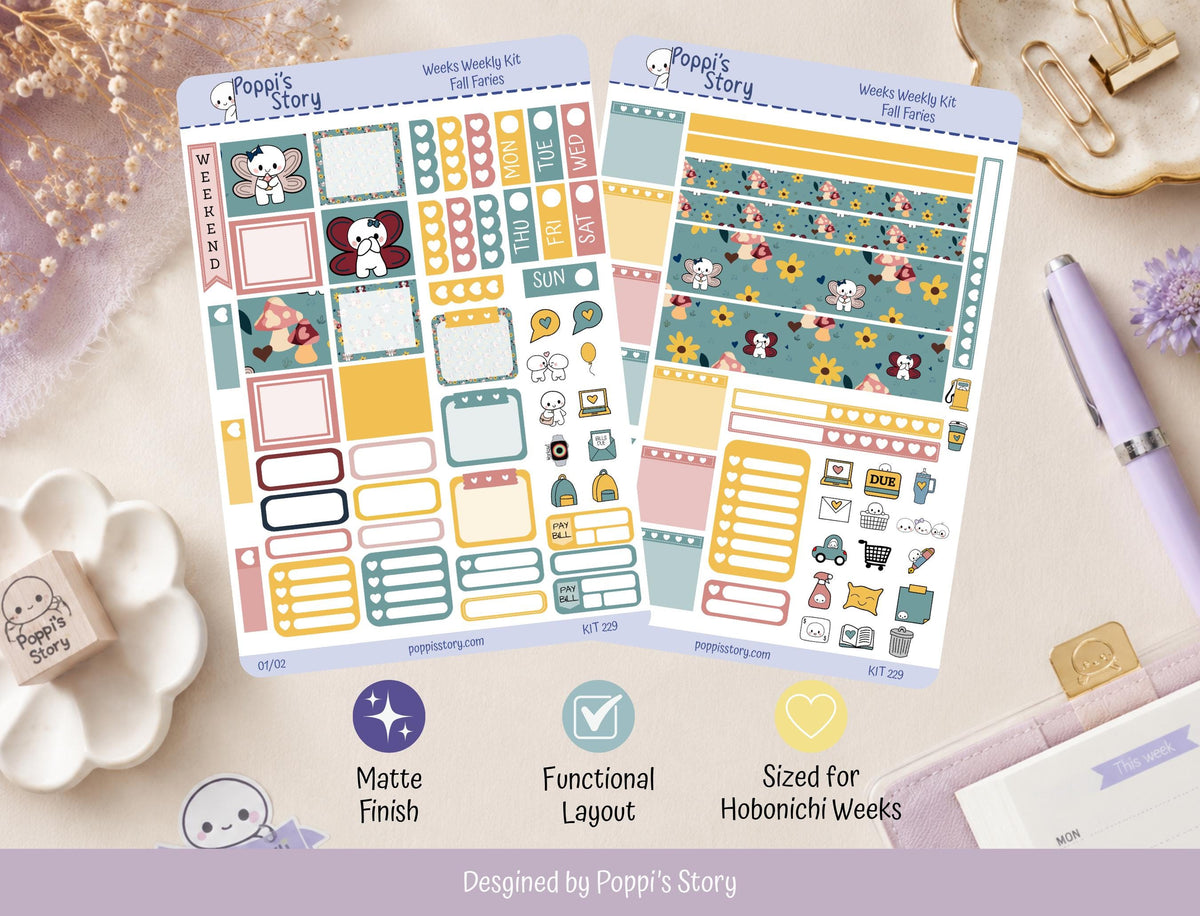Fall Fairies Hobonichi Weeks Sticker Kit | Kawaii Autumn Planner Stickers (Matte)