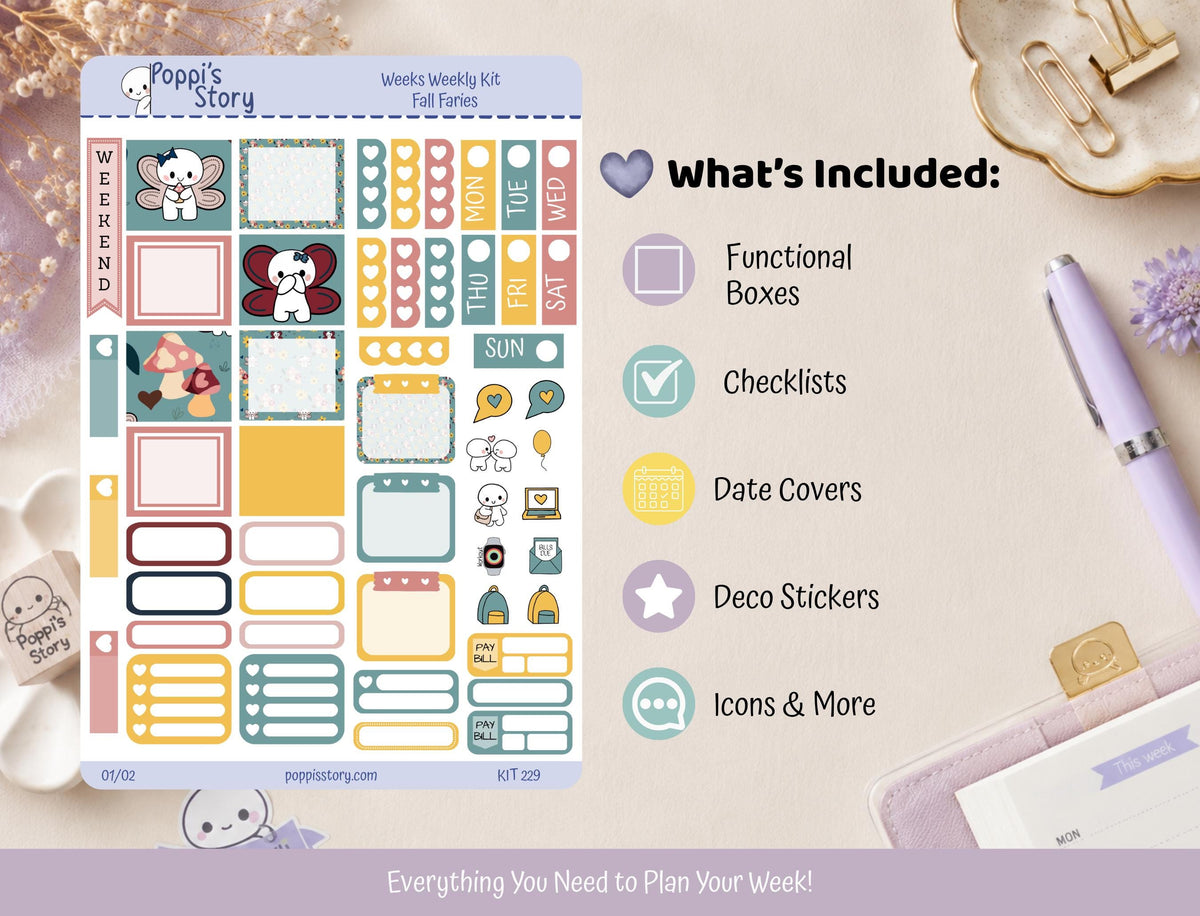 Fall Fairies Hobonichi Weeks Sticker Kit | Kawaii Autumn Planner Stickers (Matte)