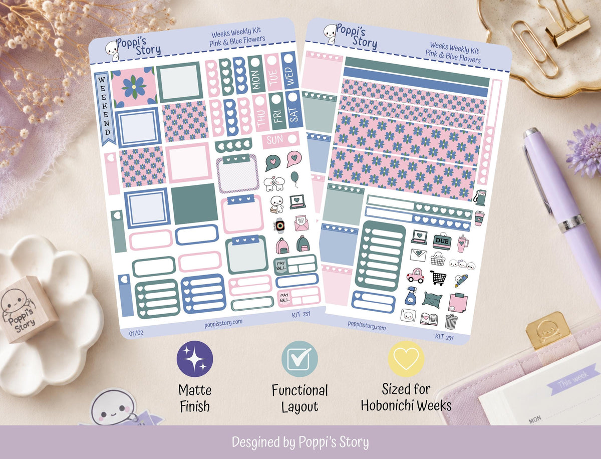 Pink Blue Flowers Hobonichi Weeks Sticker Kit | Retro Floral Planner Stickers (Matte)
