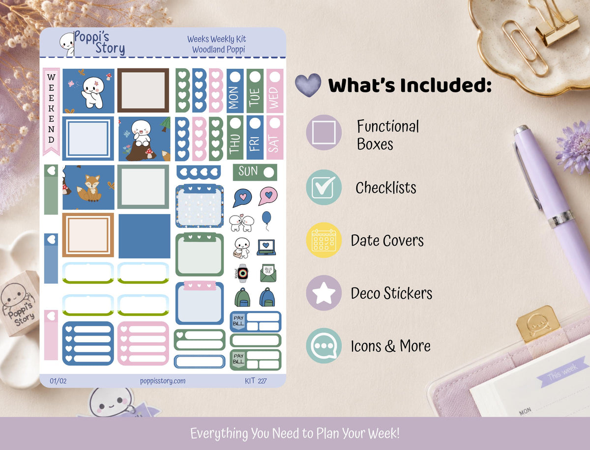 Woodland Poppi Hobonichi Weeks Sticker Kit | Kawaii Forest Planner Stickers | Mushroom Fox Matte Functional Kit