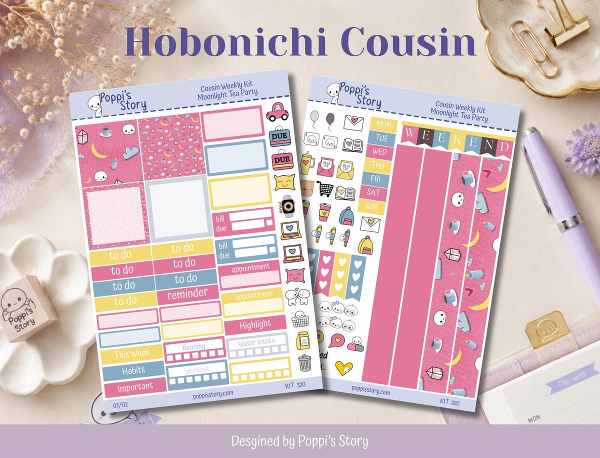 Moonlight Tea Party Hobonichi Cousin Weekly Sticker Kit | Kawaii Celestial Planner Stickers | Moon Star Matte Kit