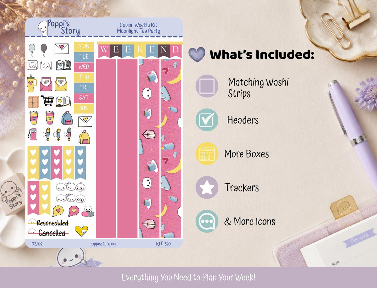 Moonlight Tea Party Hobonichi Cousin Weekly Sticker Kit | Kawaii Celestial Planner Stickers | Moon Star Matte Kit