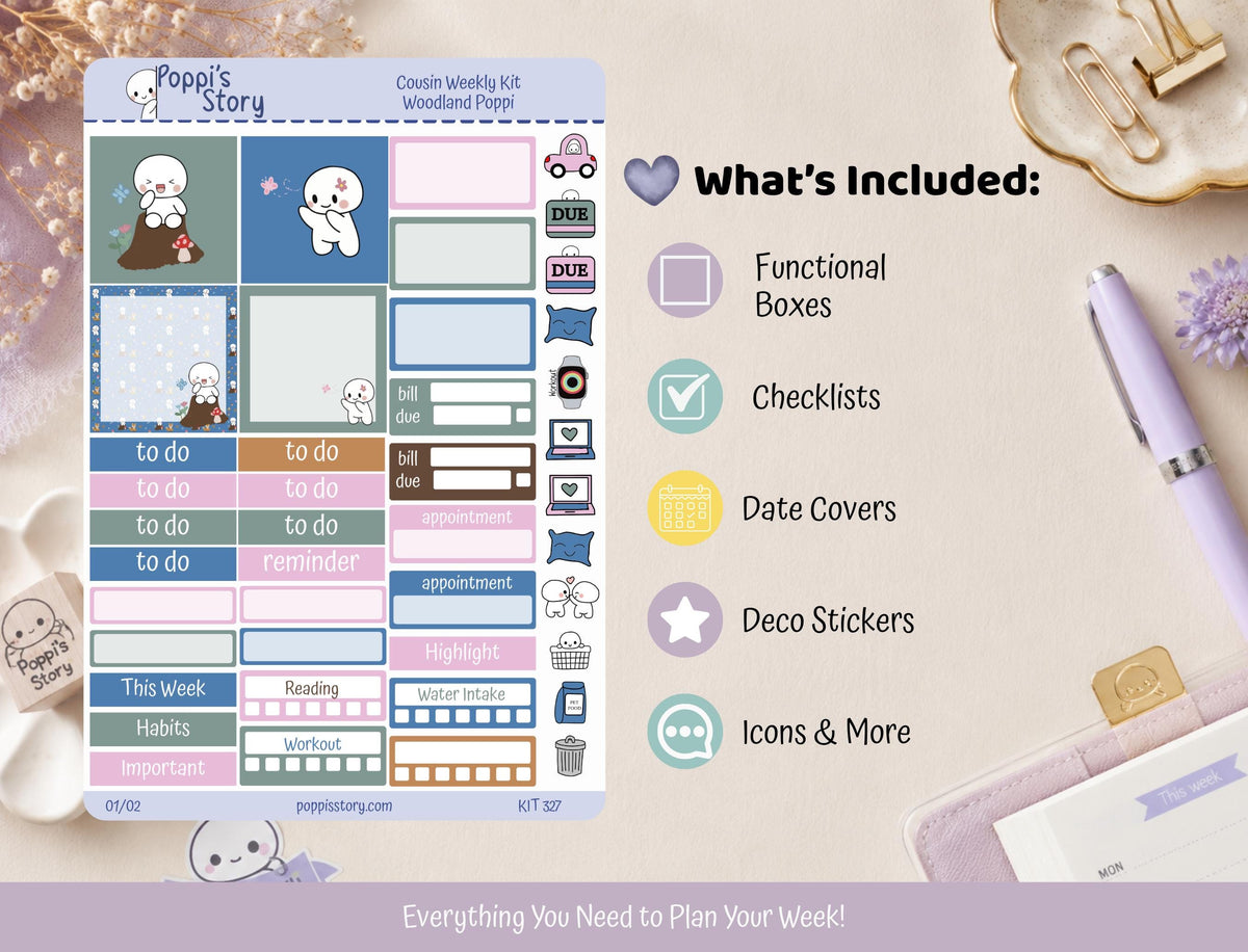 Woodland Poppi Hobonichi Cousin Weekly Sticker Kit | Kawaii Forest Planner Stickers (Matte)