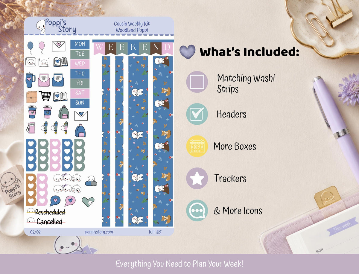 Woodland Poppi Hobonichi Cousin Weekly Sticker Kit | Kawaii Forest Planner Stickers (Matte)