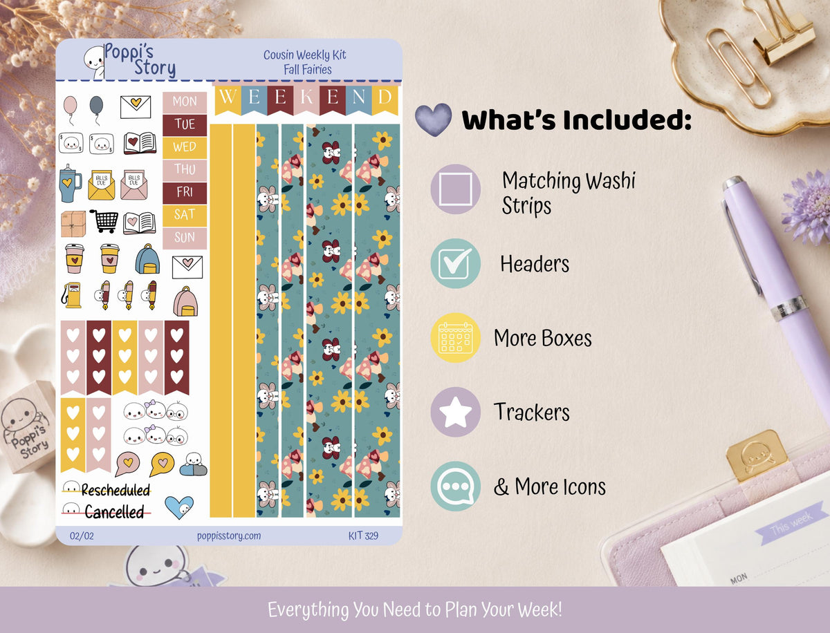Fall Fairies Hobonichi Cousin Weekly Sticker Kit | Kawaii Autumn Planner Stickers (Matte)