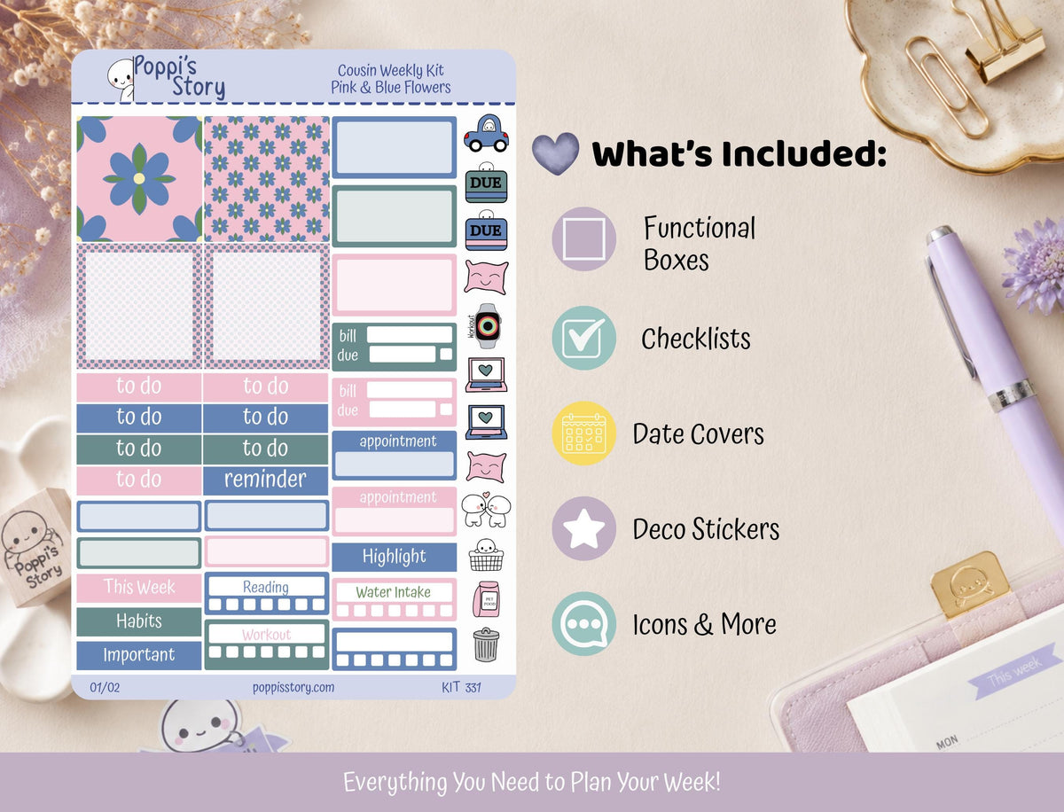 Pink Blue Flowers Hobonichi Cousin Weekly Sticker Kit | Kawaii Floral Planner Stickers (Matte)