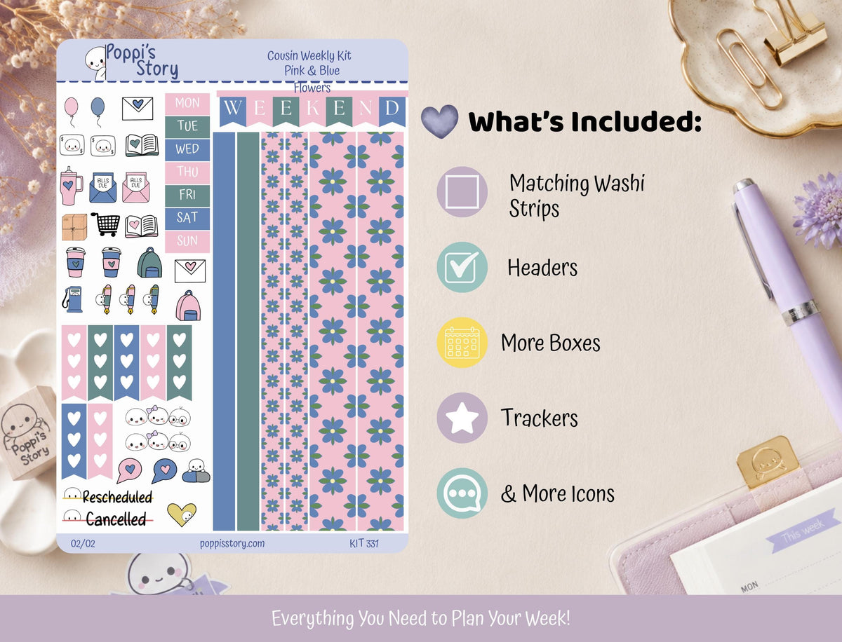 Pink Blue Flowers Hobonichi Cousin Weekly Sticker Kit | Kawaii Floral Planner Stickers (Matte)
