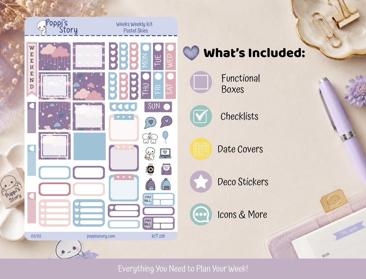 Pastel Skies Hobonichi Weeks Sticker Kit | Kawaii Cloud Planner Stickers (Matte)