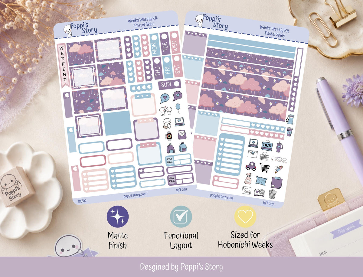 Pastel Skies Hobonichi Weeks Sticker Kit | Kawaii Cloud Planner Stickers (Matte)