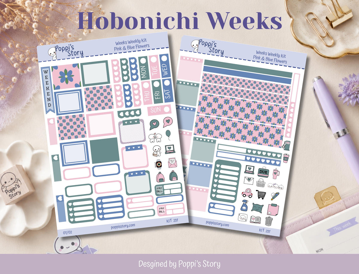 Pink Blue Flowers Hobonichi Weeks Sticker Kit | Retro Floral Planner Stickers (Matte)