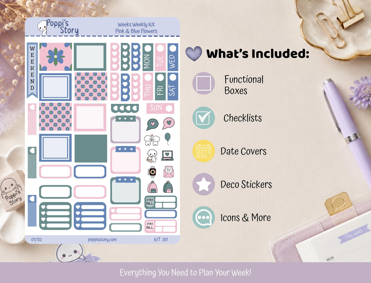 Pink Blue Flowers Hobonichi Weeks Sticker Kit | Retro Floral Planner Stickers (Matte)
