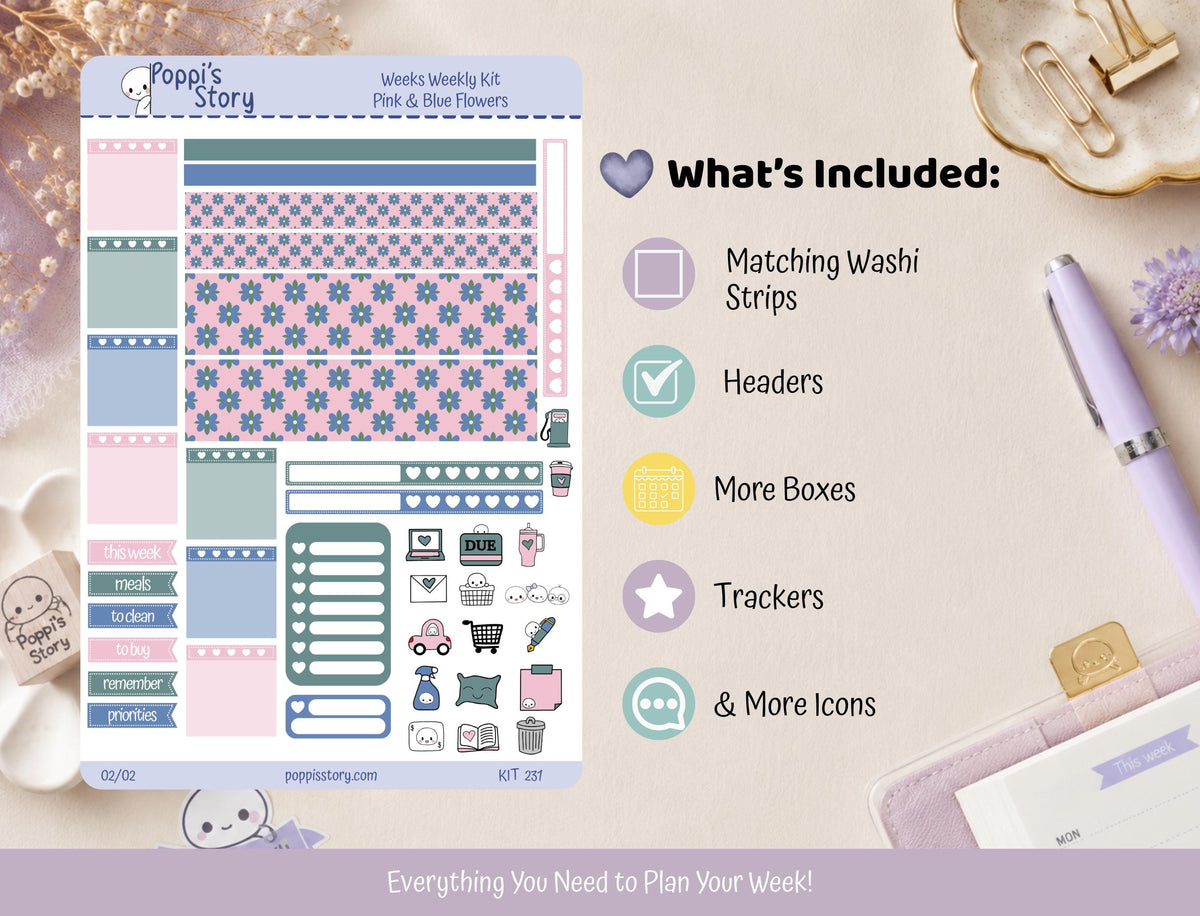 Pink Blue Flowers Hobonichi Weeks Sticker Kit | Retro Floral Planner Stickers (Matte)