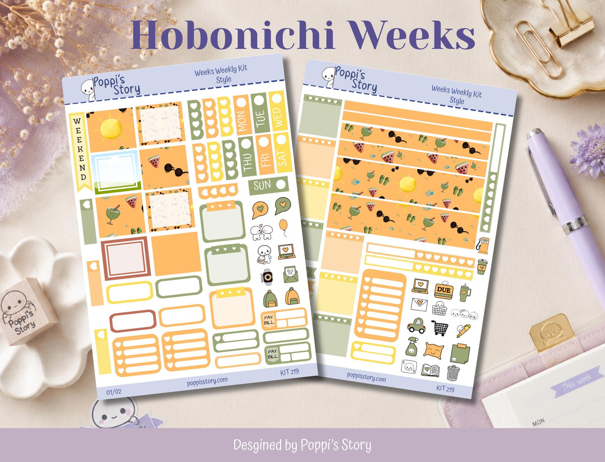 Summer Days Hobonichi Weeks Sticker Kit | Kawaii Beach Planner Stickers | Watermelon Sunshine Matte Functional Kit