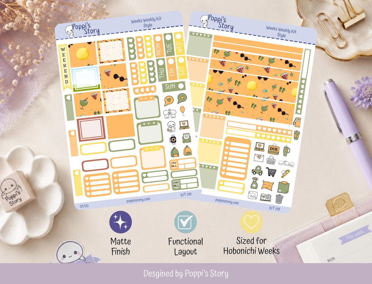 Summer Days Hobonichi Weeks Sticker Kit | Kawaii Beach Planner Stickers | Watermelon Sunshine Matte Functional Kit