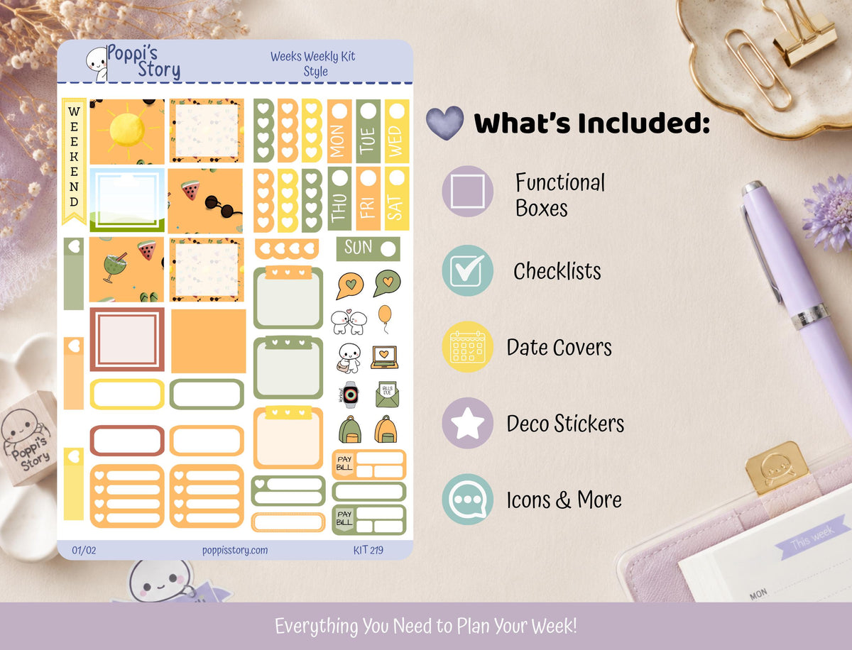 Summer Days Hobonichi Weeks Sticker Kit | Kawaii Beach Planner Stickers | Watermelon Sunshine Matte Functional Kit