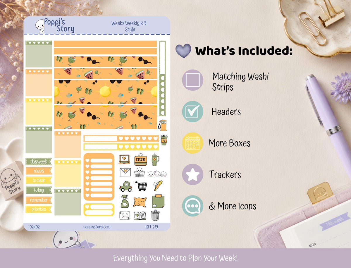 Summer Days Hobonichi Weeks Sticker Kit | Kawaii Beach Planner Stickers | Watermelon Sunshine Matte Functional Kit