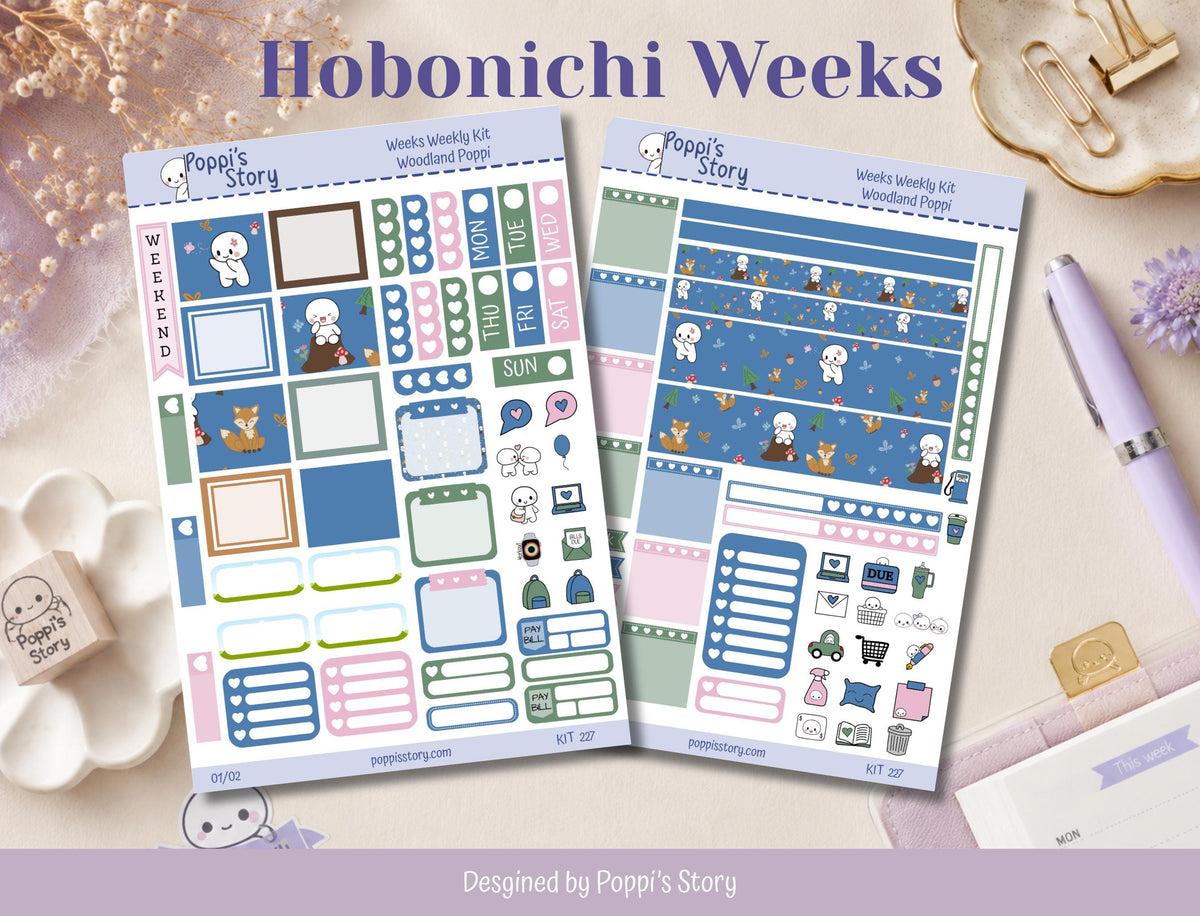 Woodland Poppi Hobonichi Weeks Sticker Kit | Kawaii Forest Planner Stickers | Mushroom Fox Matte Functional Kit