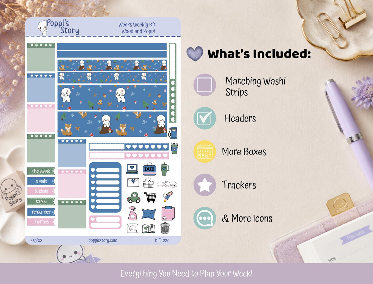 Woodland Poppi Hobonichi Weeks Sticker Kit | Kawaii Forest Planner Stickers | Mushroom Fox Matte Functional Kit