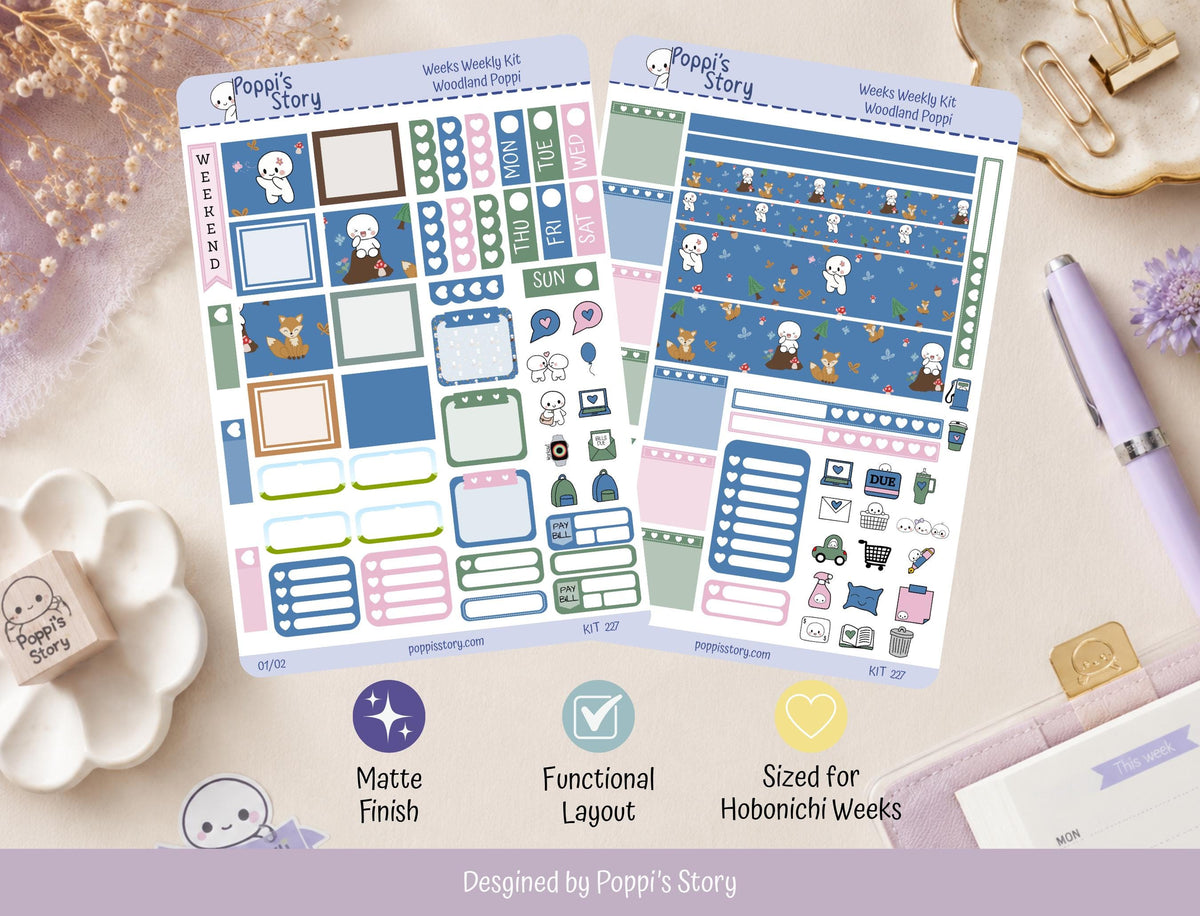 Woodland Poppi Hobonichi Weeks Sticker Kit | Kawaii Forest Planner Stickers | Mushroom Fox Matte Functional Kit