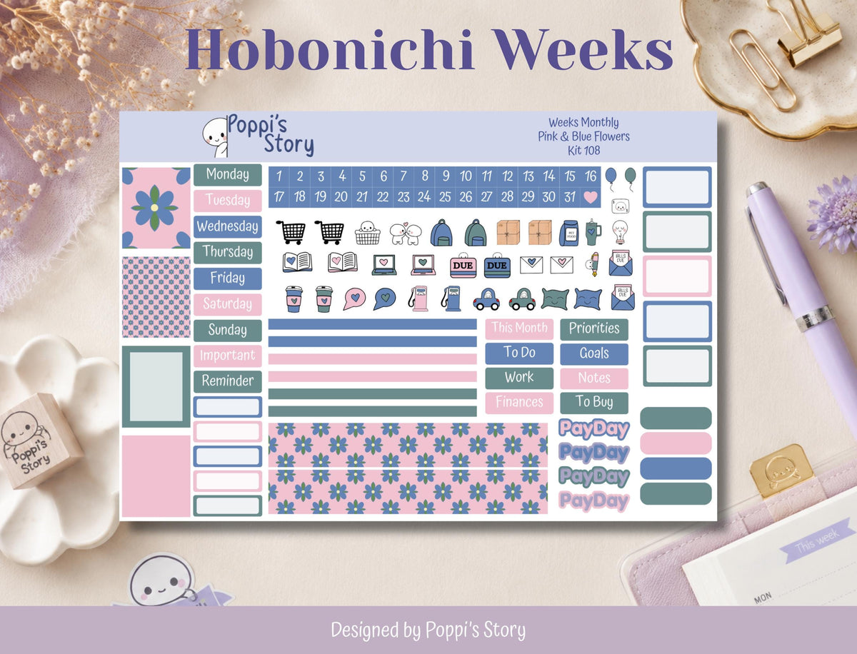 Pink and Blue Flowers Hobonichi Weeks monthly sticker kit