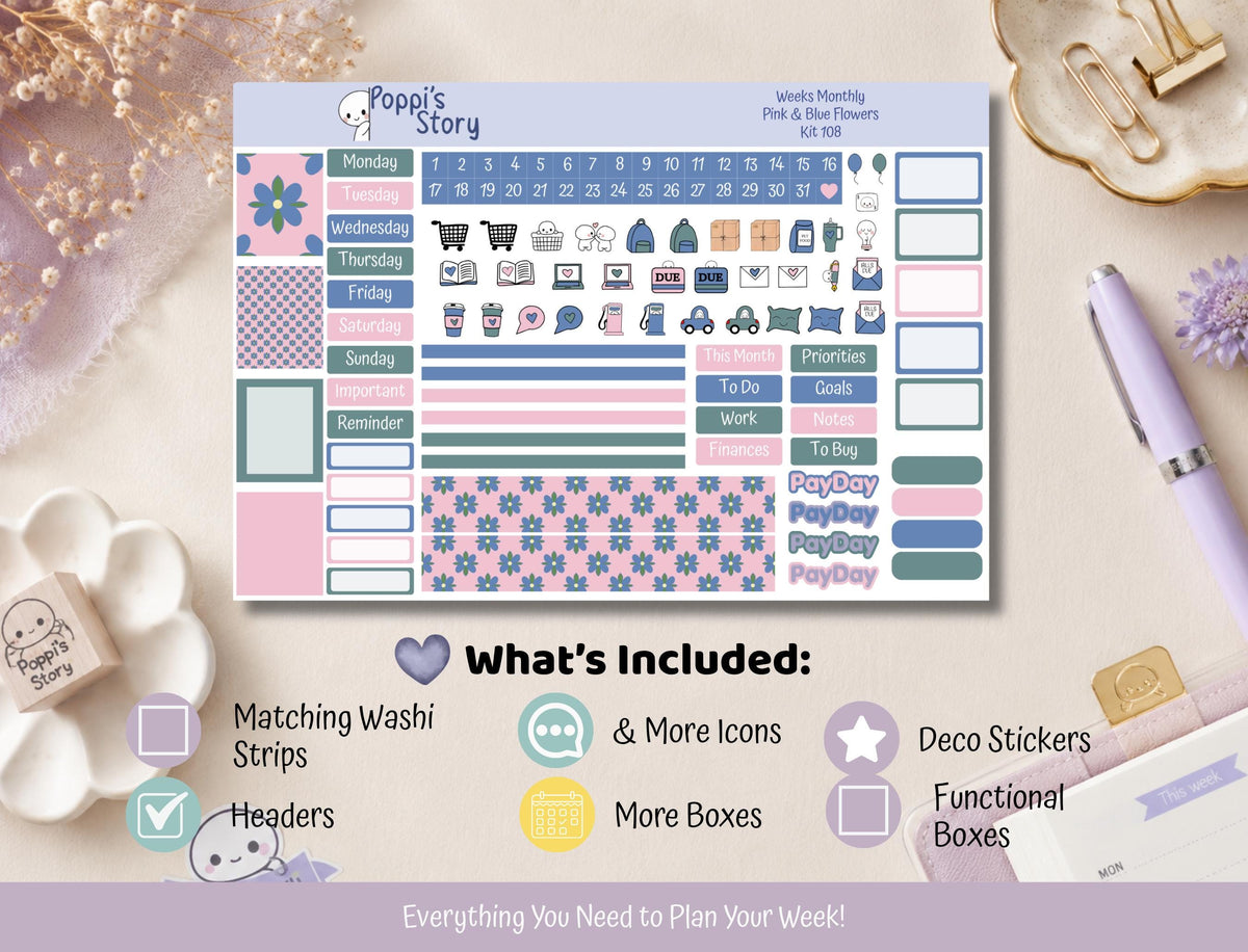 Pink and Blue Flowers monthly kit in a Hobonichi Weeks planner