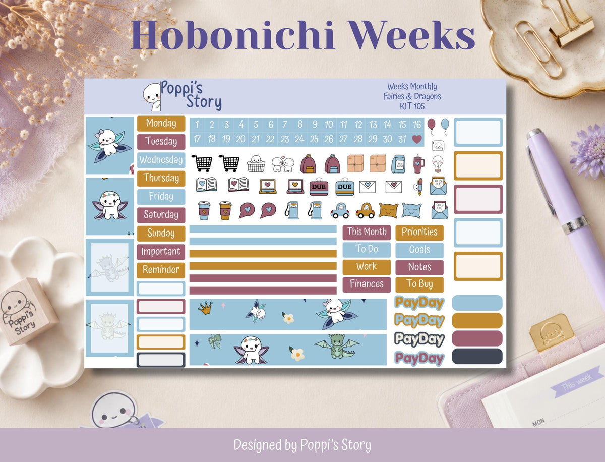 Fairies and Dragons Hobonichi Weeks monthly sticker kit