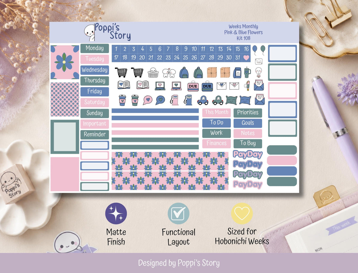 Pink and Blue Flowers monthly kit sticker sheet detail