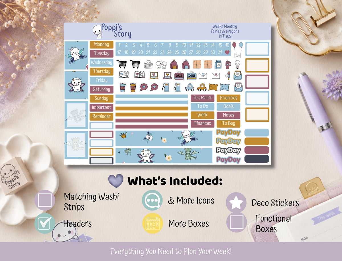 Fairies and Dragons monthly kit in a Hobonichi Weeks planner