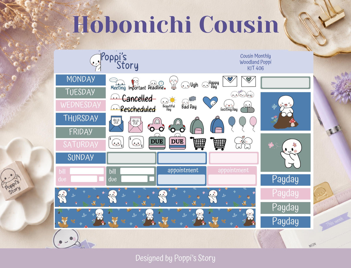 Woodland Poppi Hobonichi Cousin monthly sticker kit