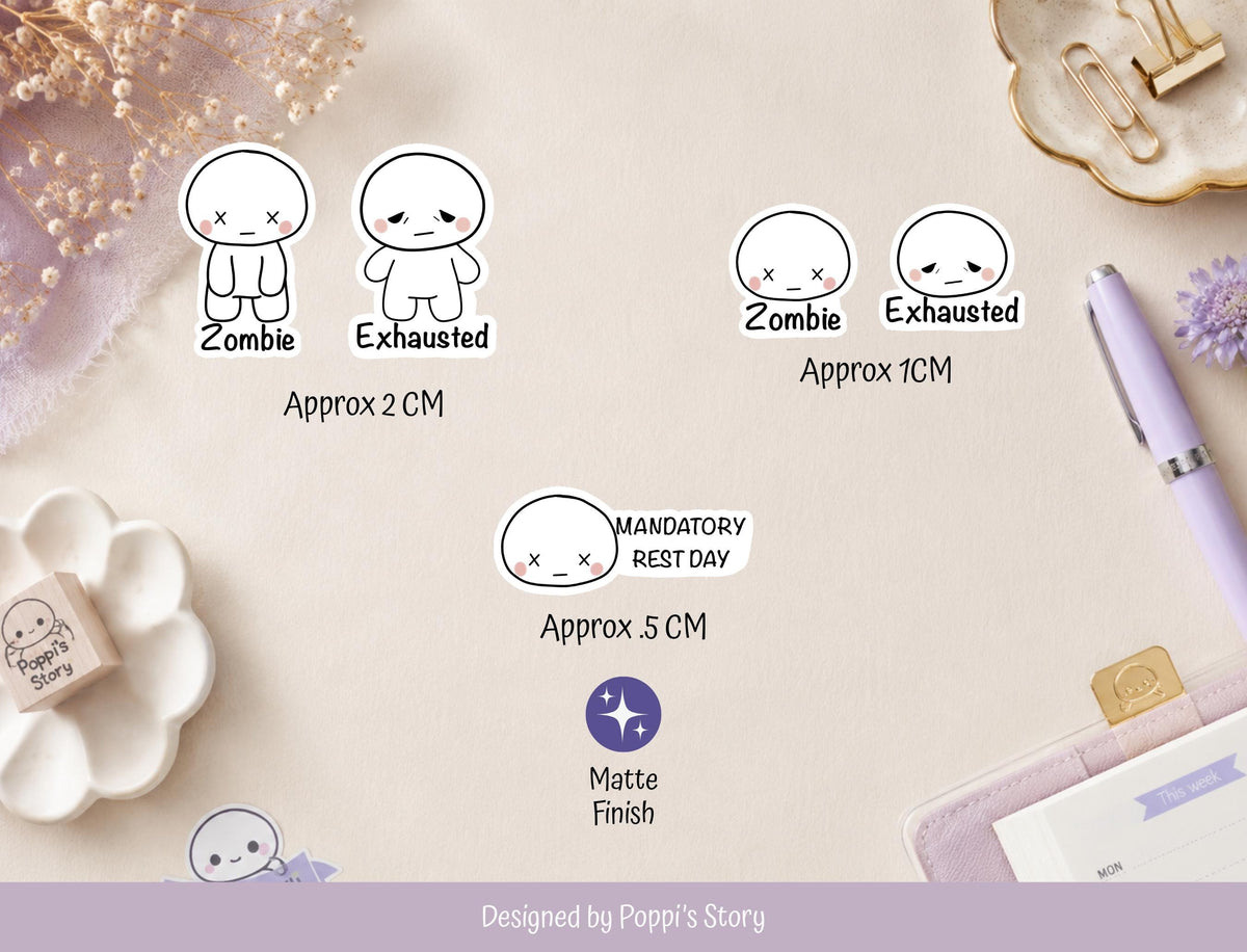Exhausted Zombie stickers in a planner